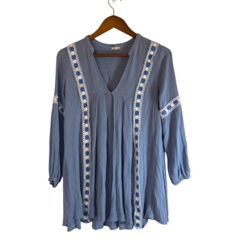 En Creme Blue Boho Crochet‎ Lace Trim V-Neck Tunic Top Boho Flowy Cotttagecore